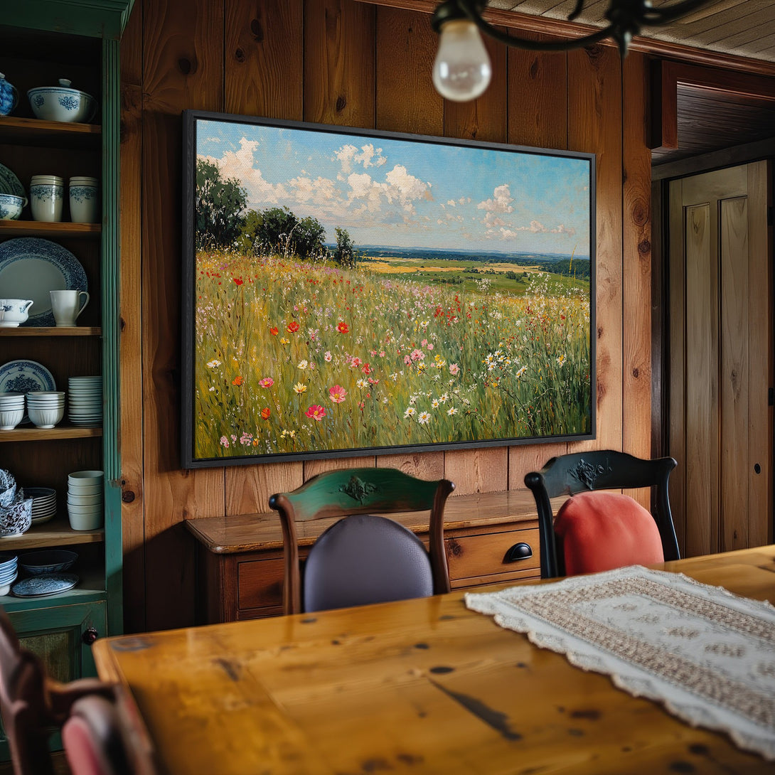 Framed Wall Art: Impressionistic landscape canvas print with vibrant wildflowers. Earthy tones and a touch of blue create a serene, natural aesthetic.