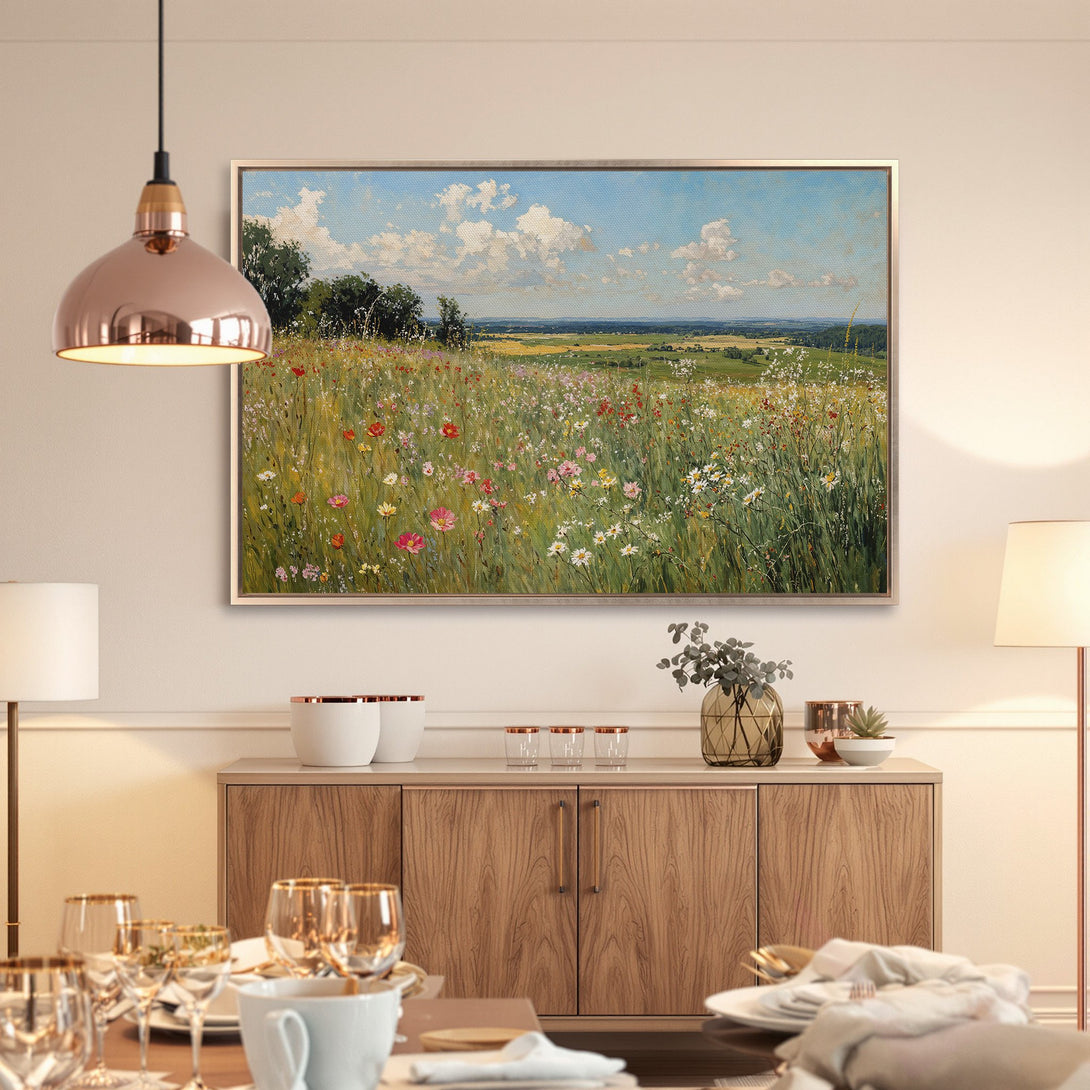 Framed Wall Art: Impressionist landscape Canvas Print with vibrant wildflowers, blue sky, and a warm, natural color palette. Perfect for home decor.