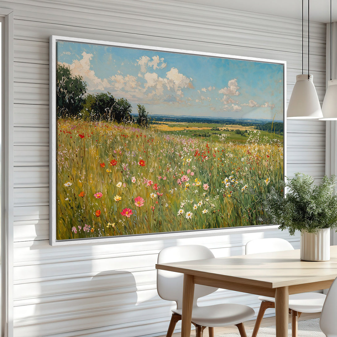 Framed Wall Art: Impressionistic field of wildflowers canvas print. Vibrant colors of pink, yellow, and green in a bright, airy interior.