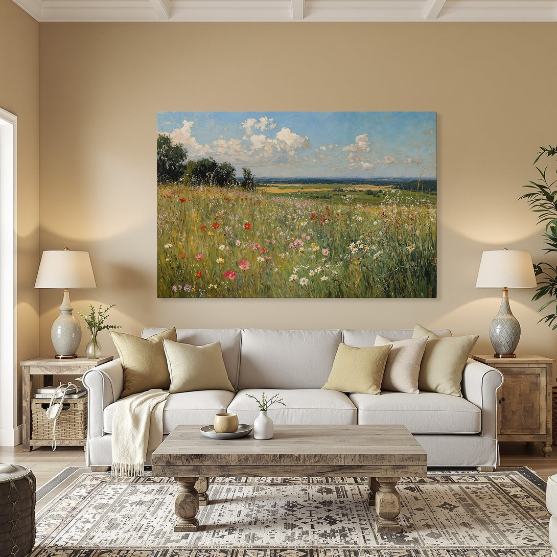 Framed Wall Art: Impressionist landscape Canvas Print in a dining room. Features a vibrant field of wildflowers with blue sky, green, yellow, and pink hues.