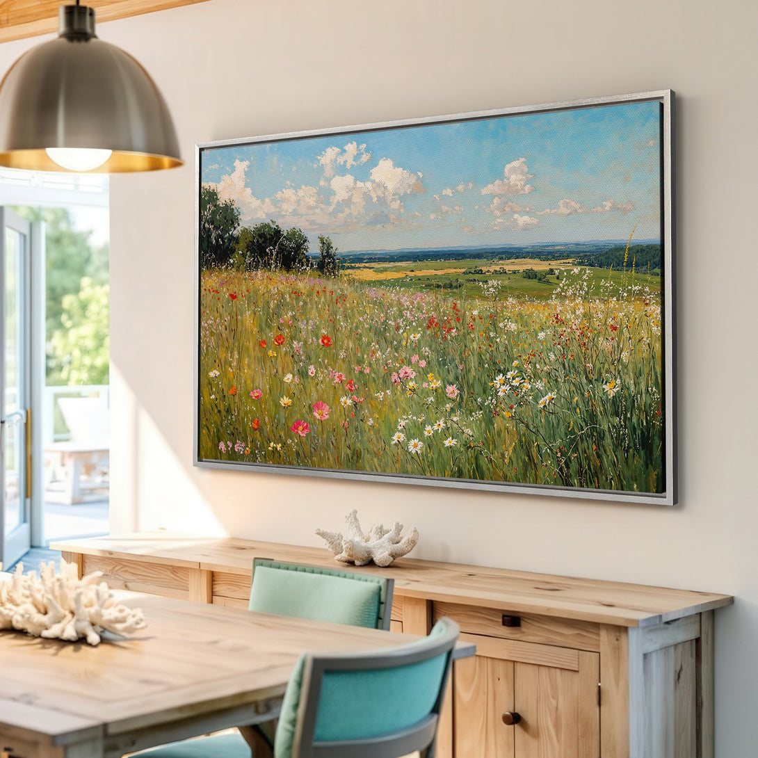 Framed Wall Art: Impressionist landscape Canvas Print with vibrant wildflowers, blue sky, and green fields. Adds a touch of nature's beauty to any interior.