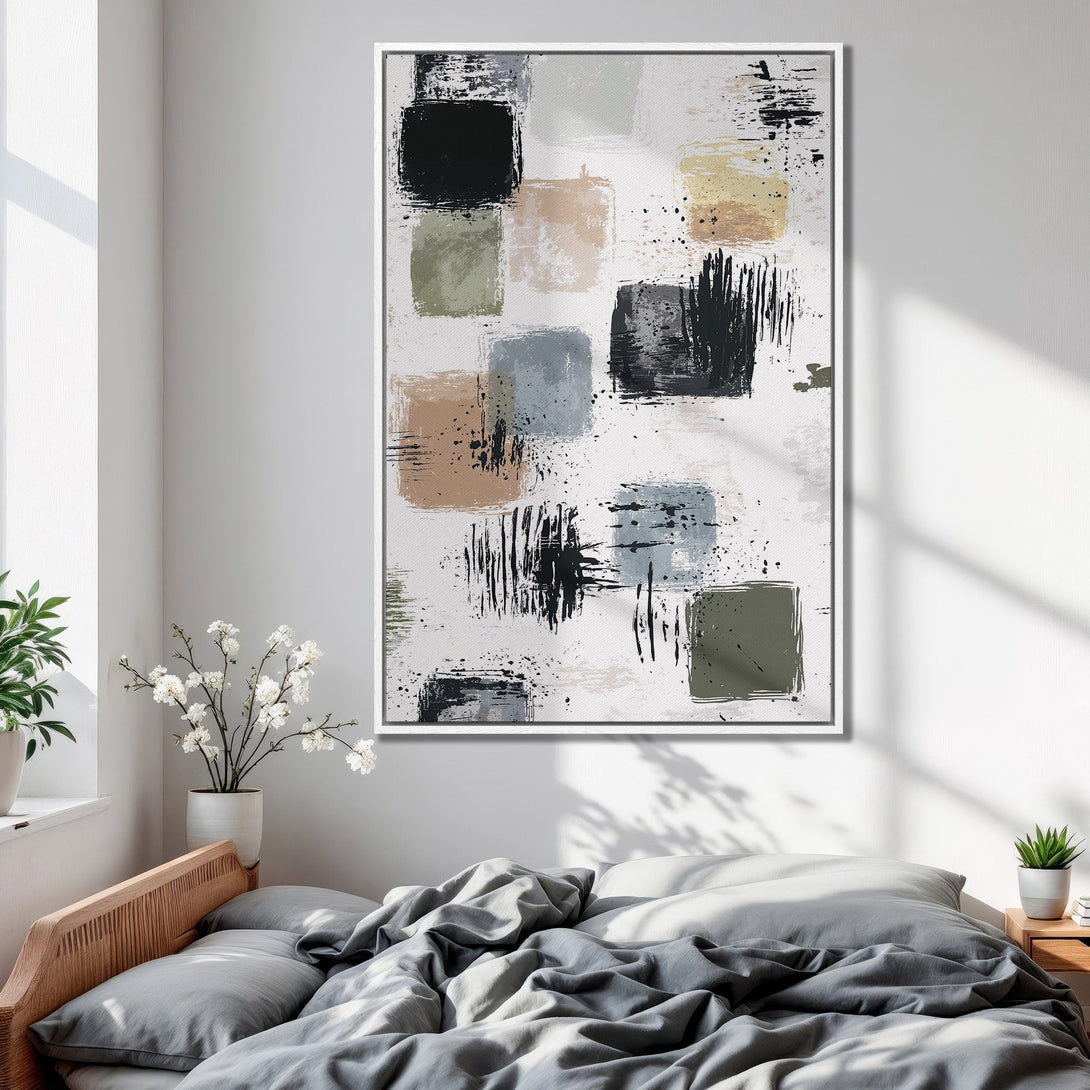 Framed Wall Art: Abstract brushstroke painting in neutral tones. Modern art with a minimalist style and a calming color palette, perfect for bedroom decor.