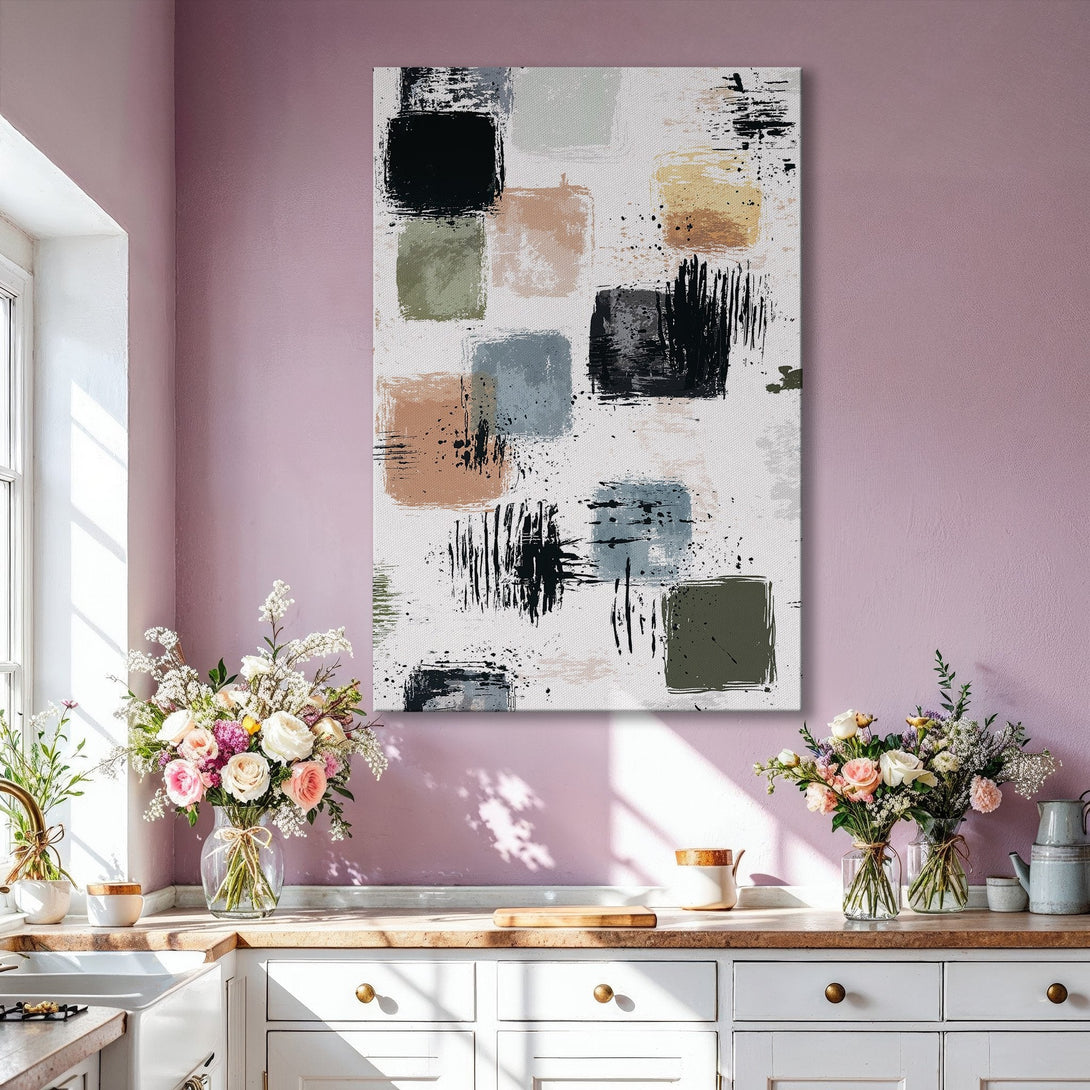Framed Wall Art: Abstract art canvas print with neutral color palette in modern living room. Elevate your space with this stylish, contemporary artwork.