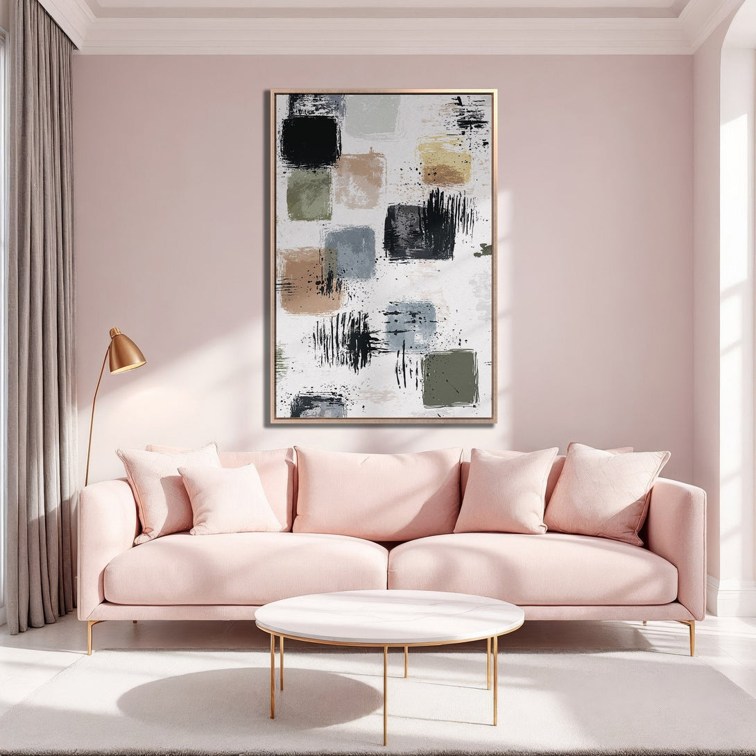Framed Wall Art abstract painting with neutral tones, displayed in a modern living room. Soft pink palette and stylish decor. Shop now for home inspiration!
