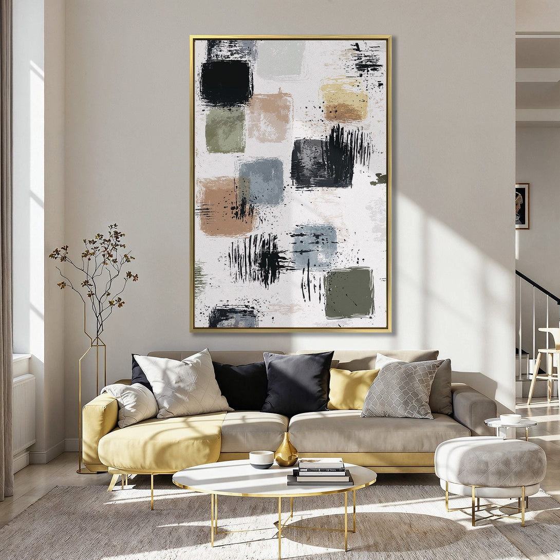 Abstract Canvas Print in a kitchen, featuring brushstroke squares in neutral and muted colors, adds modern art to your home decor.