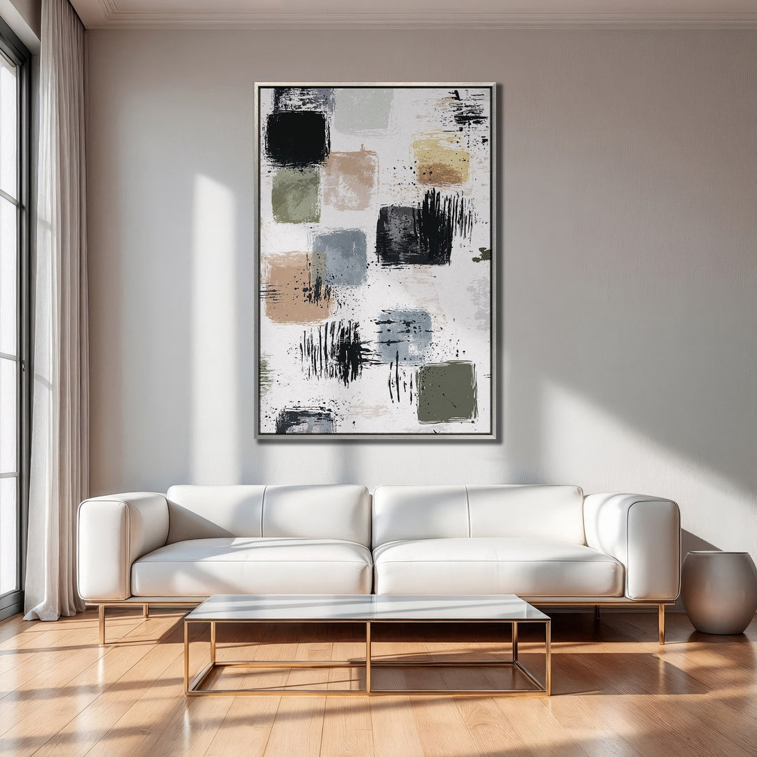 Framed Wall Art featuring abstract brushstroke design in neutral tones. Modern art for living room decor.