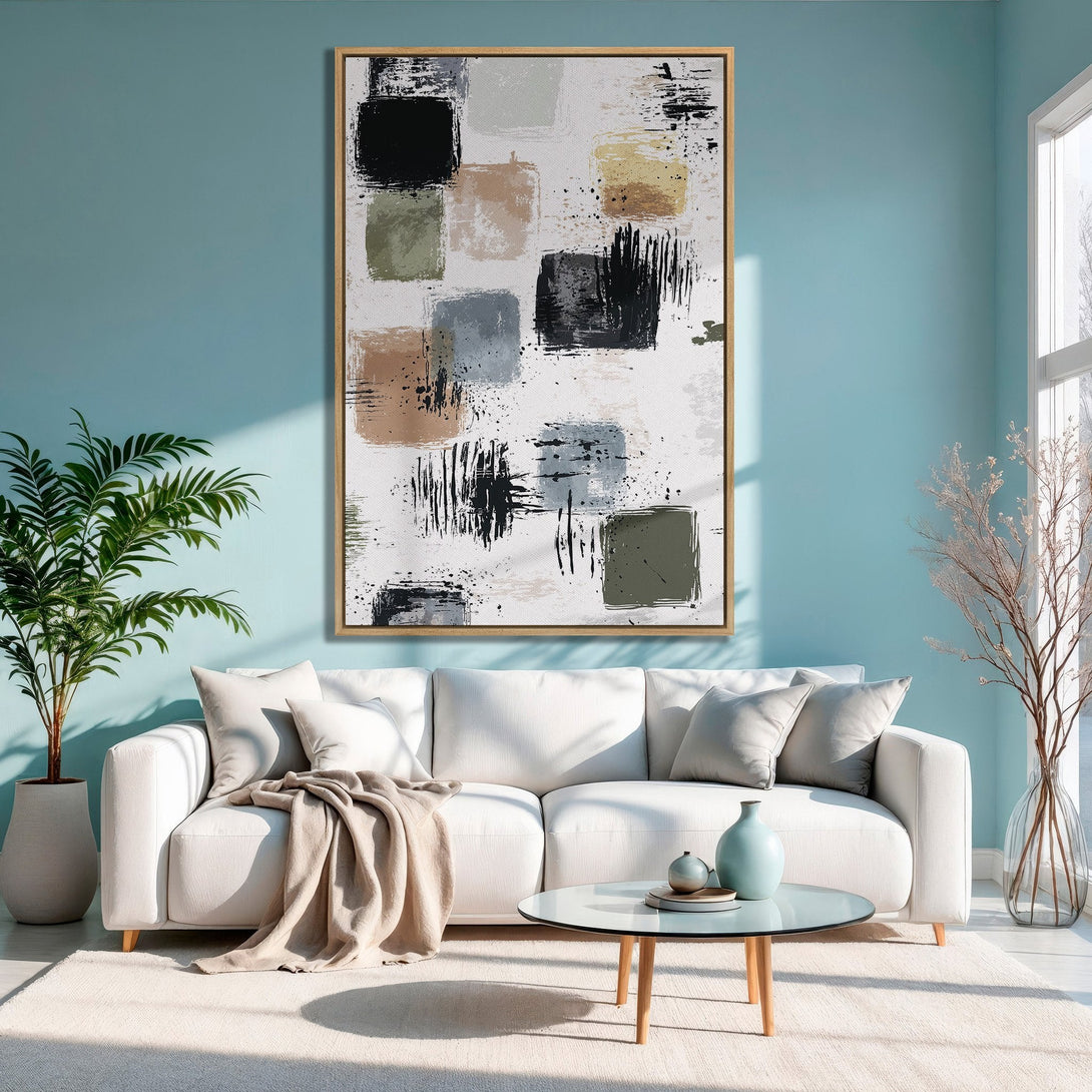 Framed Wall Art: Abstract brushstroke design in neutral tones, displayed in a modern living room. Perfect for adding a touch of art and style!