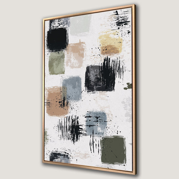 Framed Wall Art: Abstract canvas print with brushstroke squares in neutral tones, black, and gold. Modern art for your home decor.