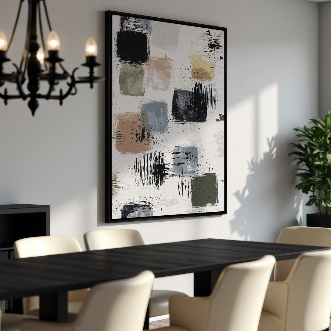 Framed Wall Art: Abstract brushstroke canvas print in neutral tones. Modern art for dining room decor. Earthy color palette with black frame.