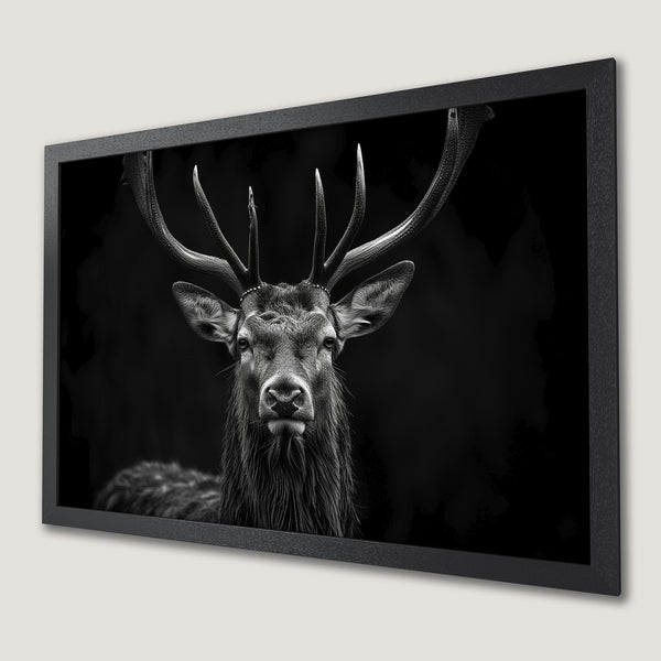 Framed Poster featuring a majestic stag in a dramatic black and white style. Perfect wall art for a modern home.