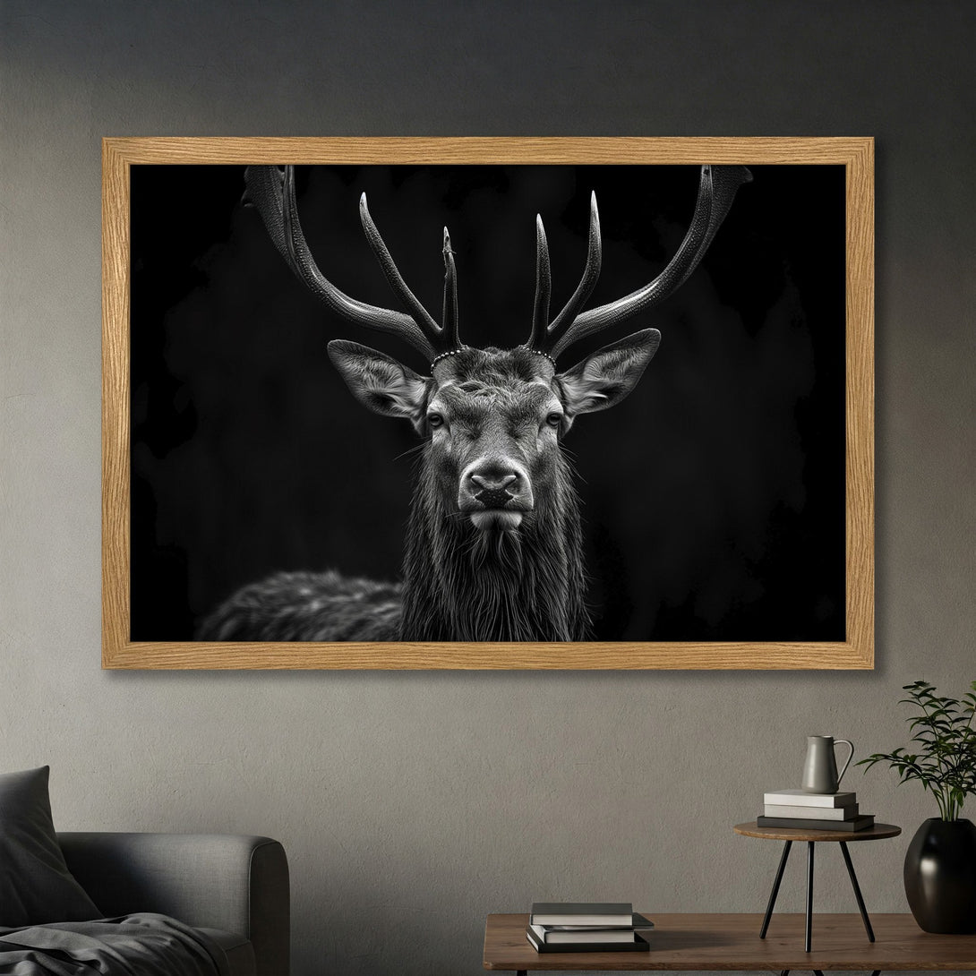 Framed Poster featuring a majestic stag in a striking black and white, minimalist style. Perfect wall art for a modern home.