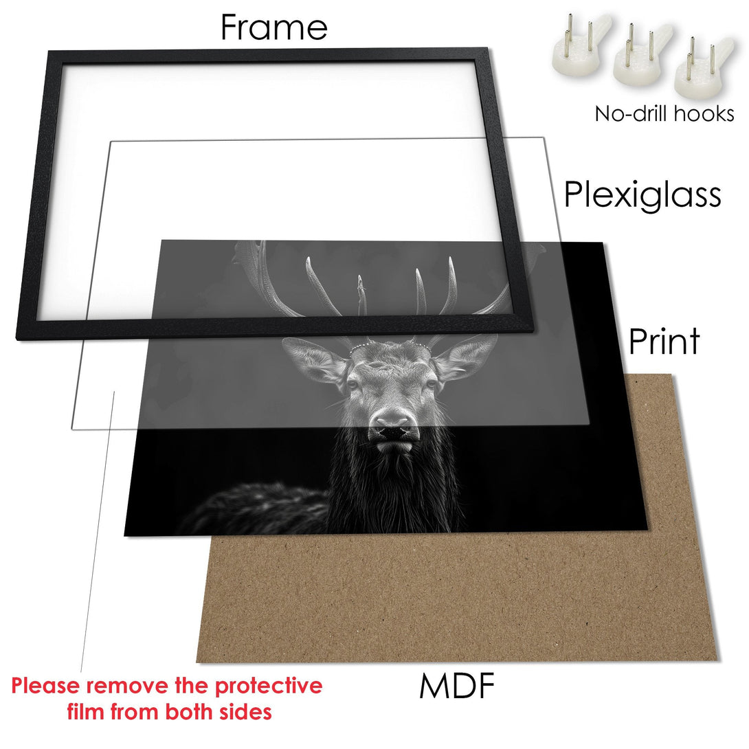 Framed Poster featuring a majestic deer in monochrome. Elevate your space with this stylish art print. Black and white color palette.