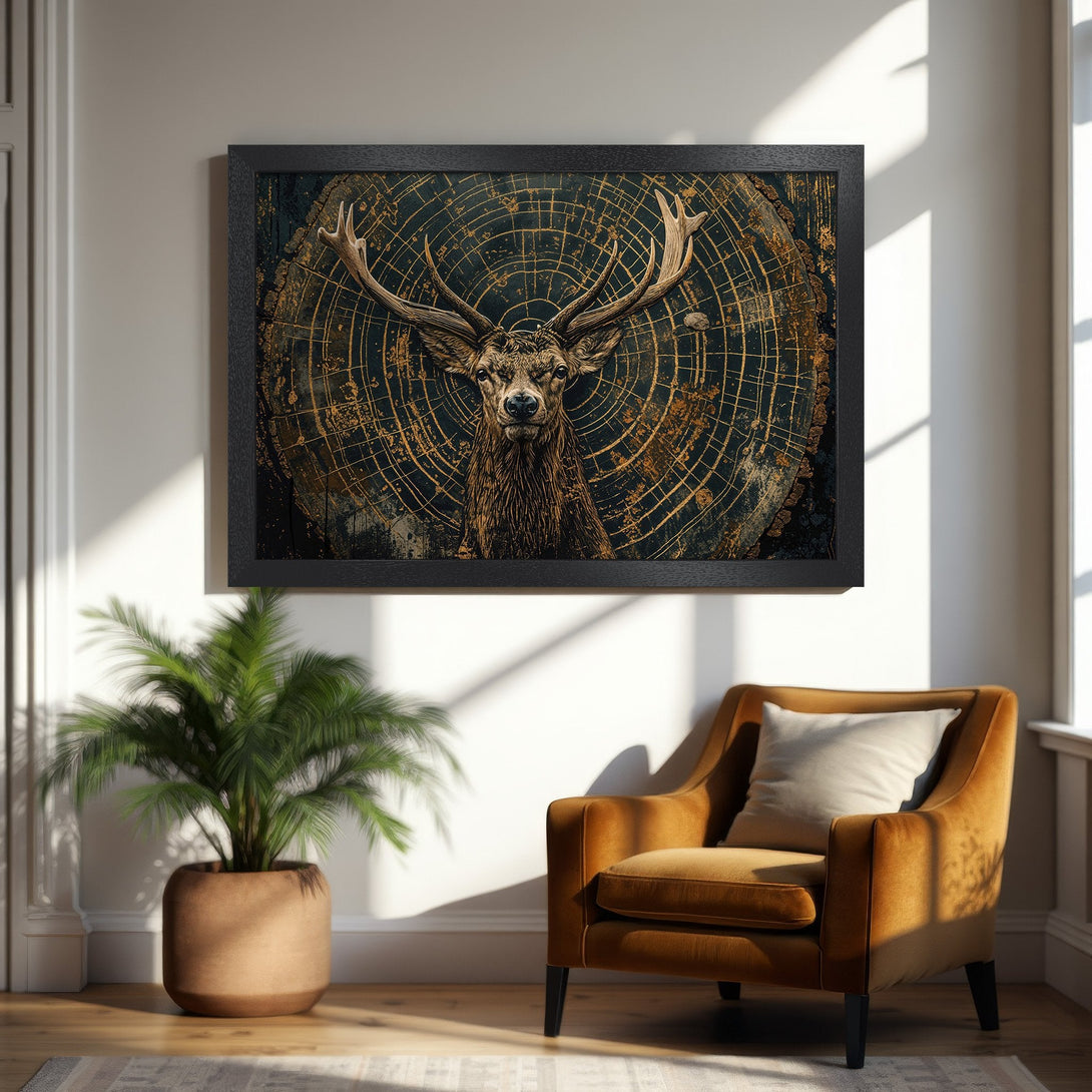 Framed Poster featuring a majestic stag against a dark, textured background. Earthy tones of brown, gold, and black create a warm, rustic style.