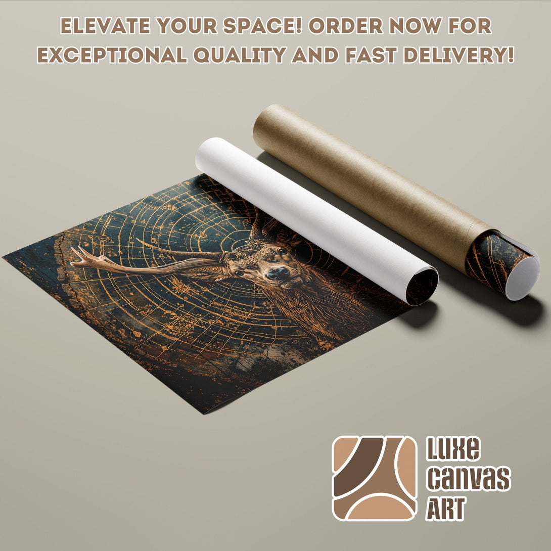 Deer Poster Roll, rustic art print in brown and gold tones, perfect for your home decor.