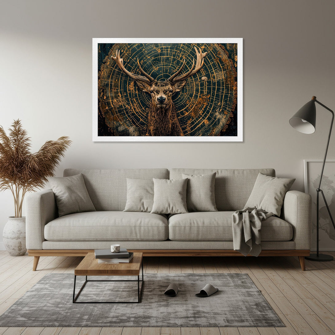 Framed Poster featuring a majestic stag against a dark, textured background. Earthy tones and a touch of gold create a captivating, rustic style.