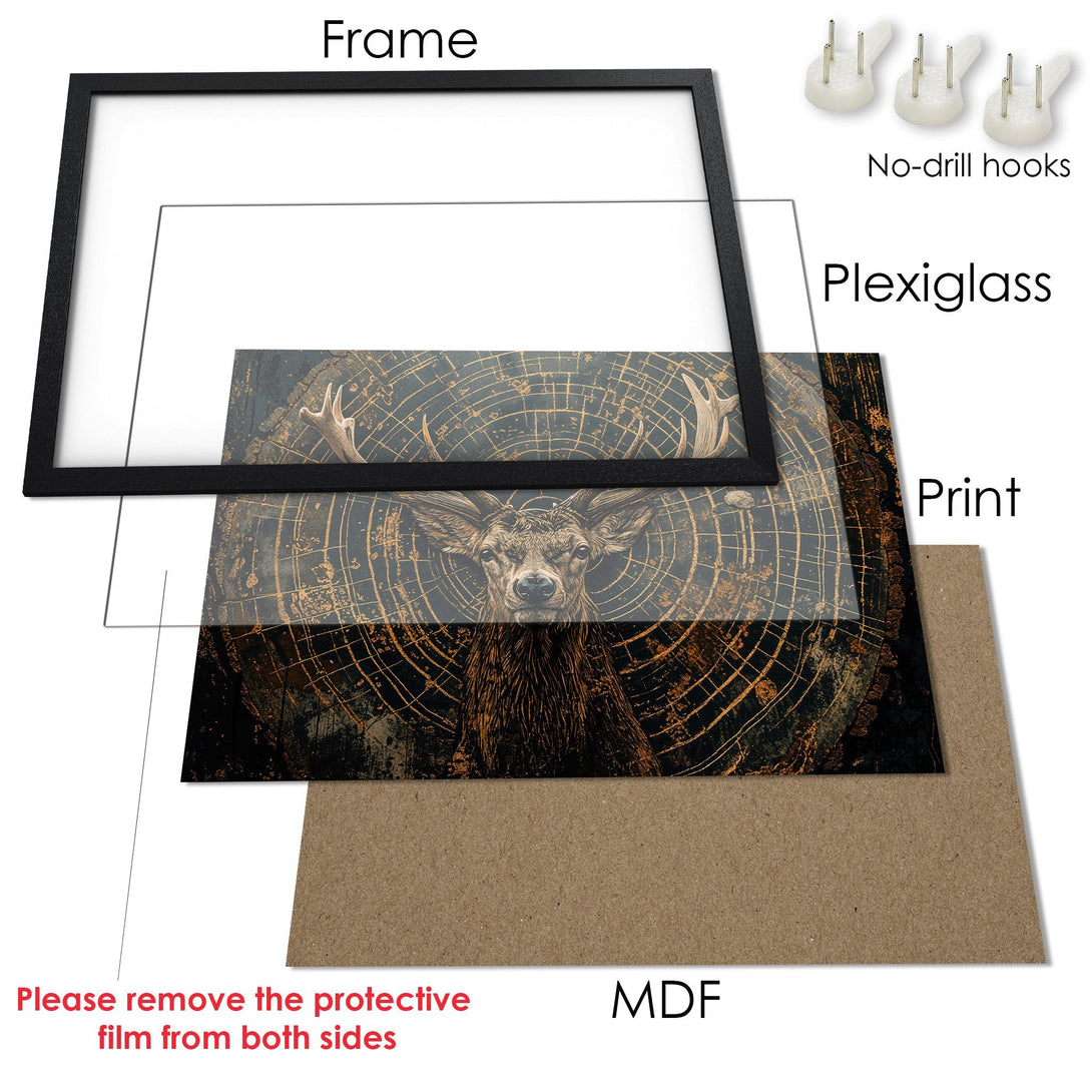 Framed Poster featuring a majestic deer in a dark, artistic style with gold and black tones. Perfect wall art!
