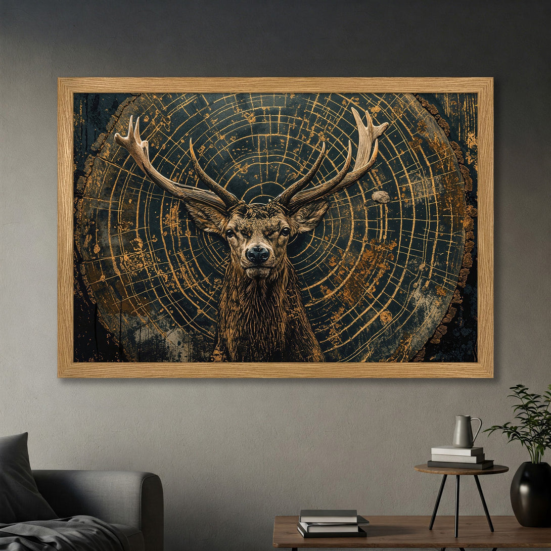 Framed Poster featuring a majestic stag in a rustic, artistic style with a dark teal and gold color palette. Perfect wall art!