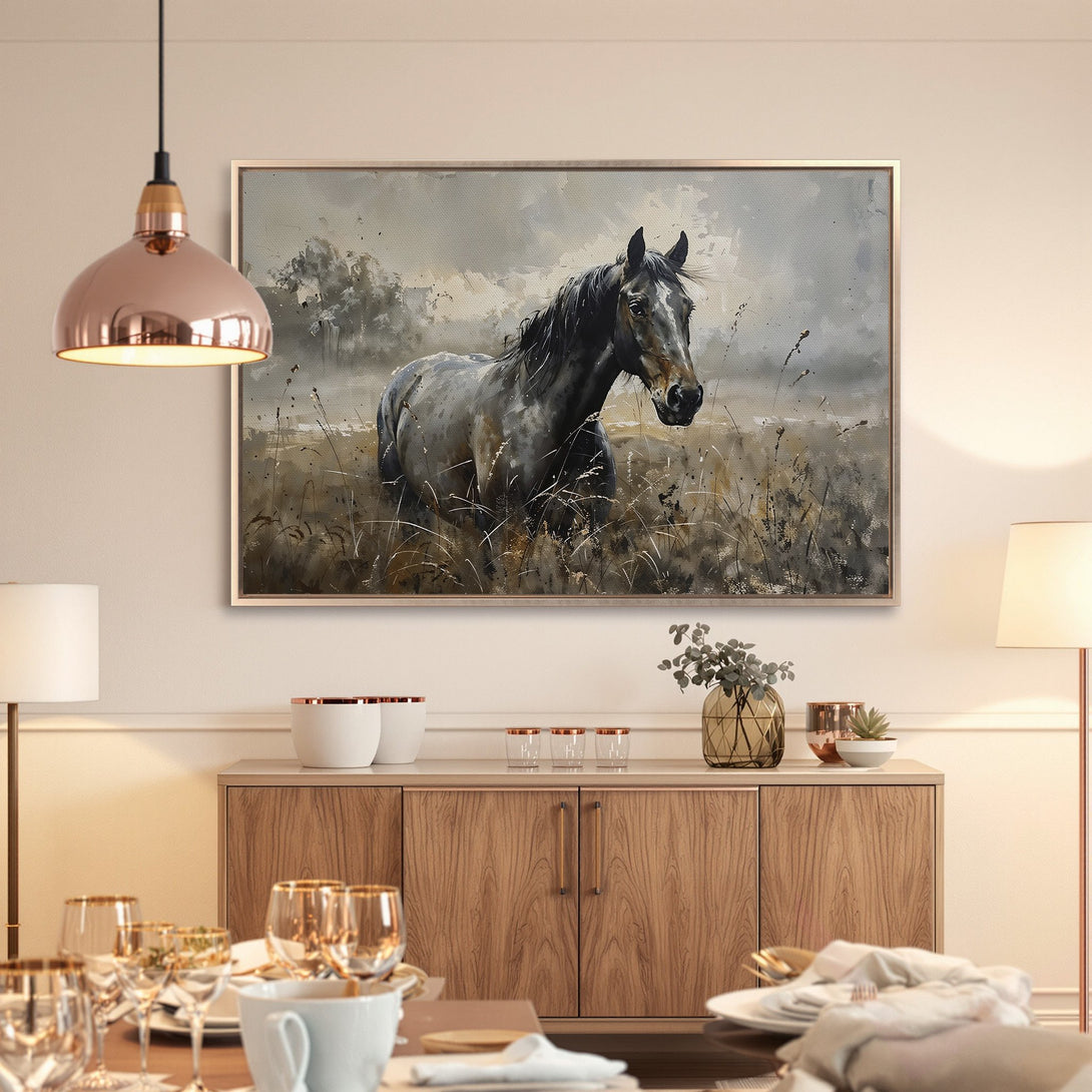 Framed Wall Art: Majestic horse painting in neutral tones. Perfect for adding a touch of elegance to your dining room. Shop now!