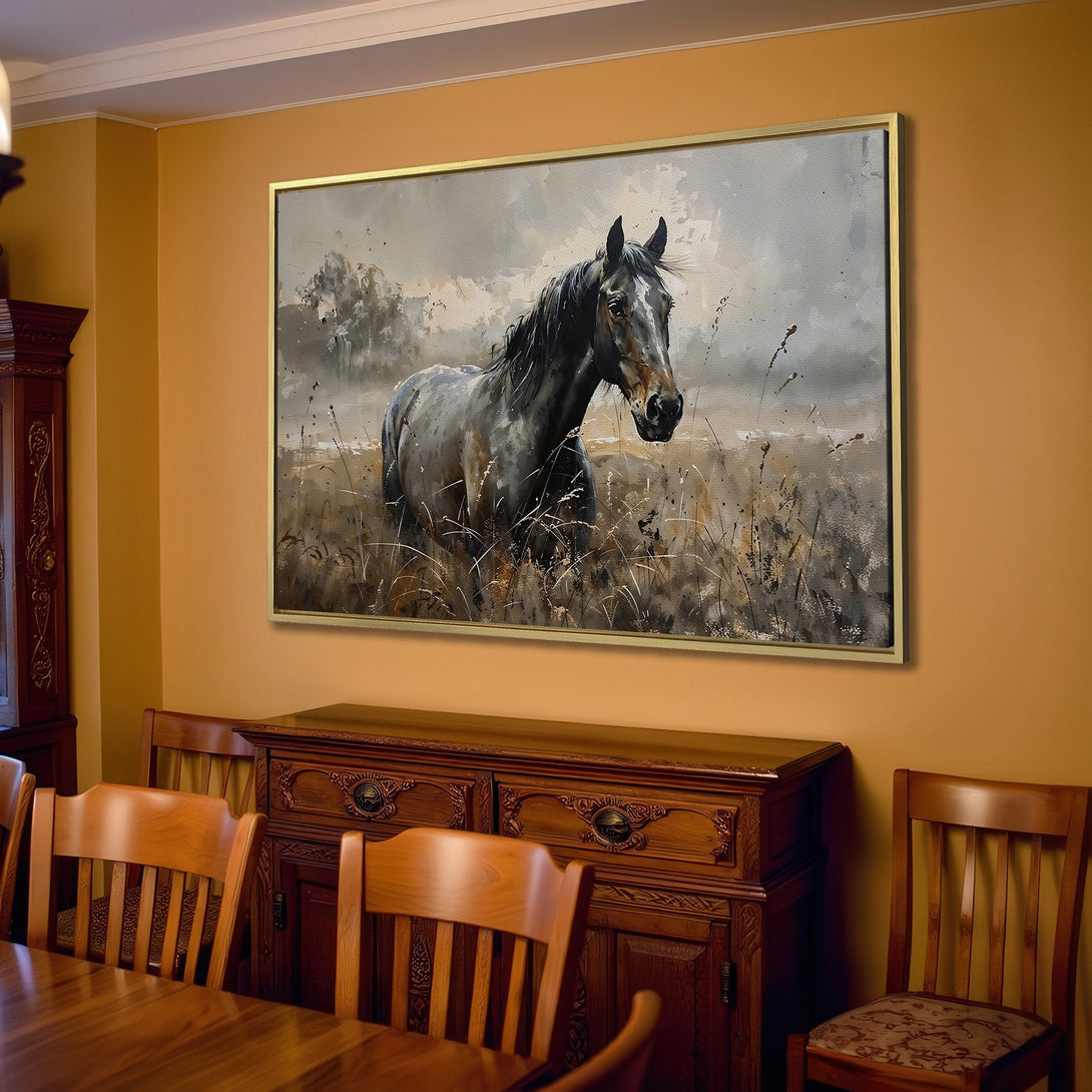Canvas Print of a majestic horse in a field, neutral color palette, perfect for rustic home decor.