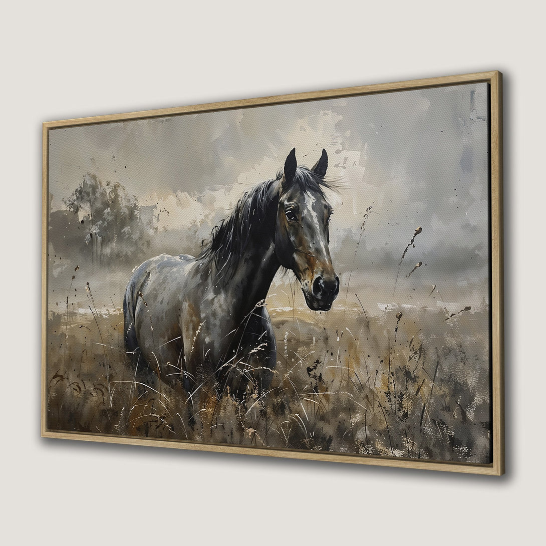 Framed Wall Art featuring a majestic horse in a field. Watercolor style with a muted, earthy color palette. Perfect for any home decor.