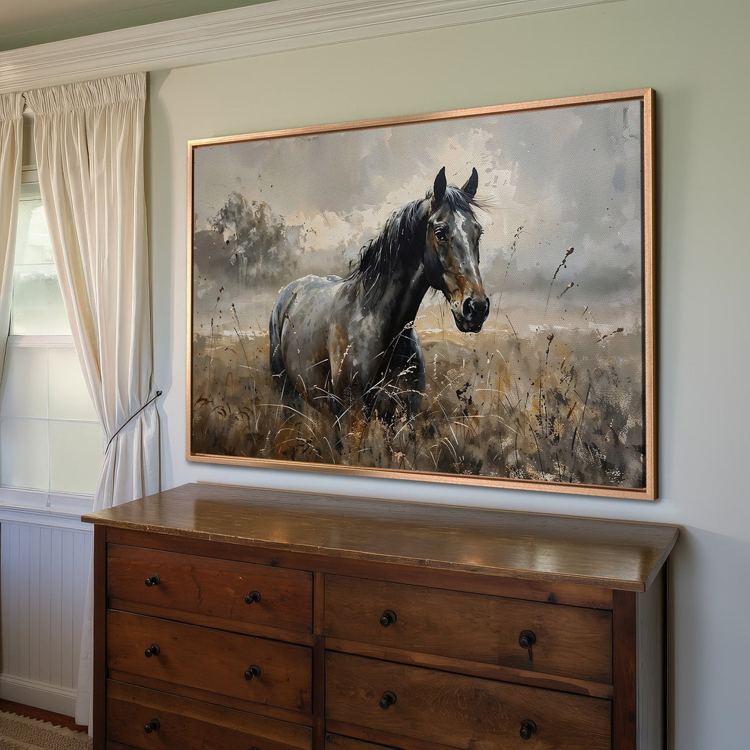 Framed Wall Art: Stunning horse painting in neutral tones. Add elegance to your space with this beautiful canvas print.