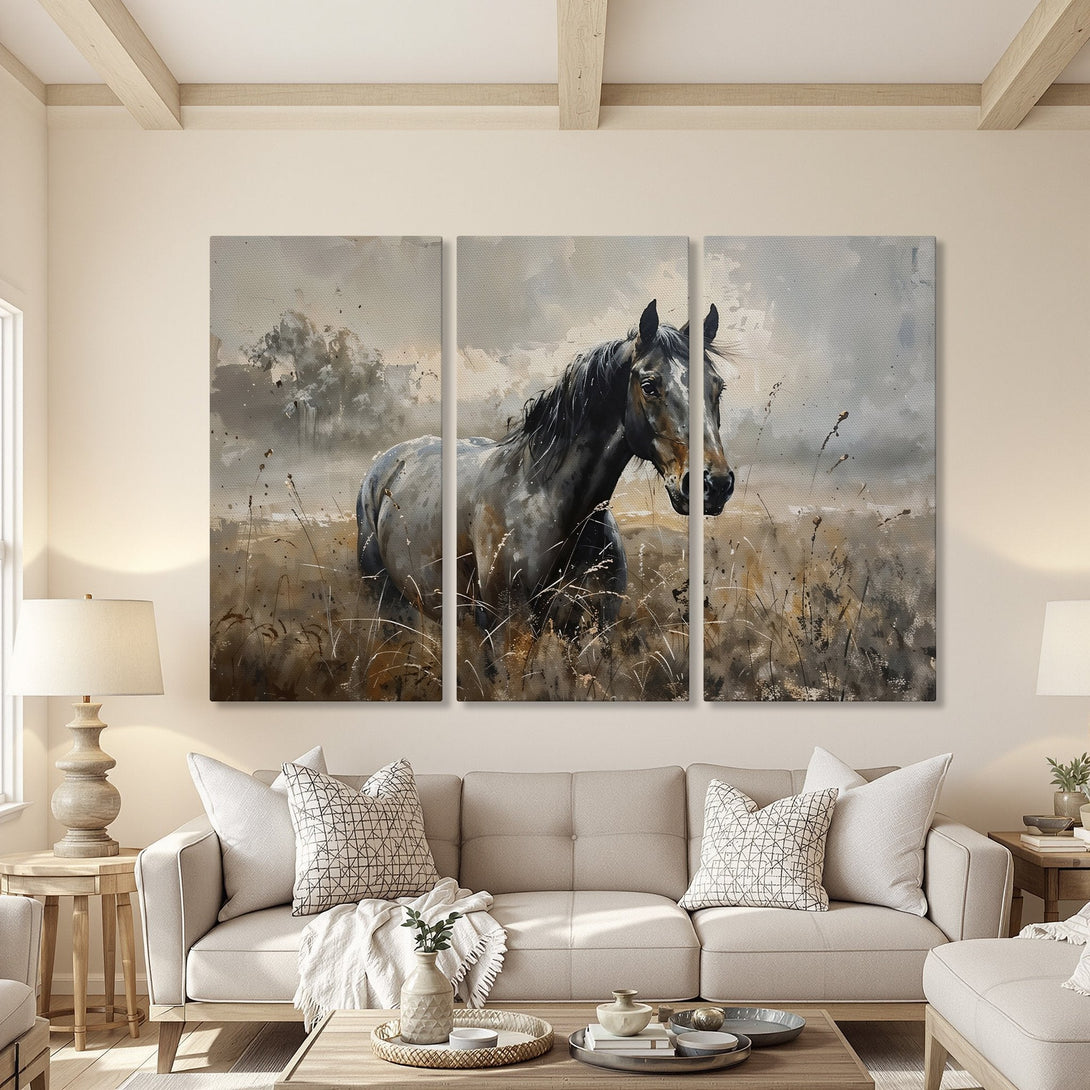 Canvas Print of a majestic horse in a field. Watercolor style art with neutral, earthy tones. Perfect for rustic home decor.
