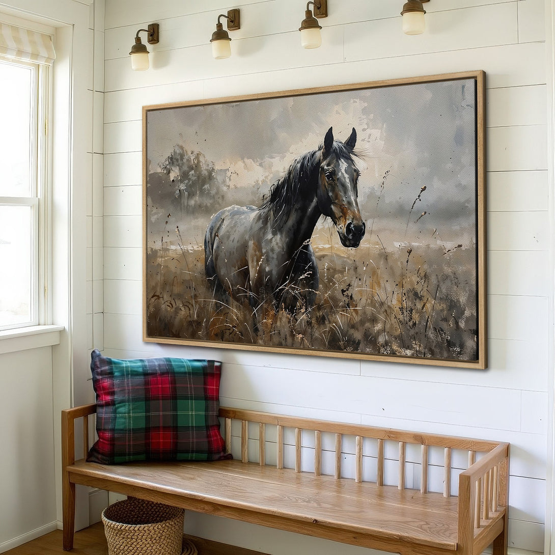 Framed Wall Art: Majestic horse painting in neutral tones. Rustic canvas print adds a touch of elegance to any space. Shop now for stunning wall decor!