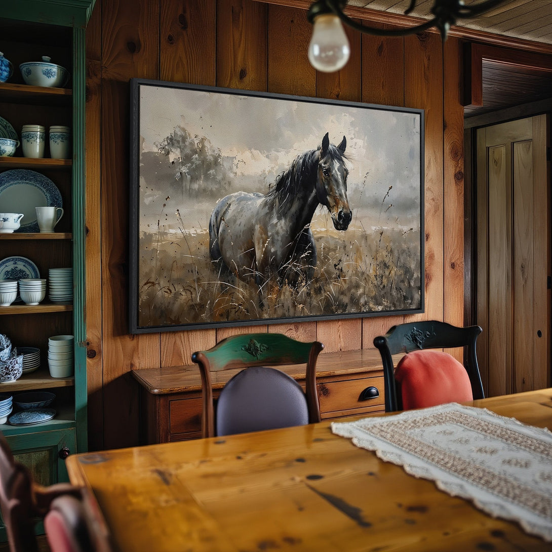 Framed Wall Art: Majestic horse painting in muted tones. Rustic style canvas print with a neutral color palette, perfect for farmhouse decor.