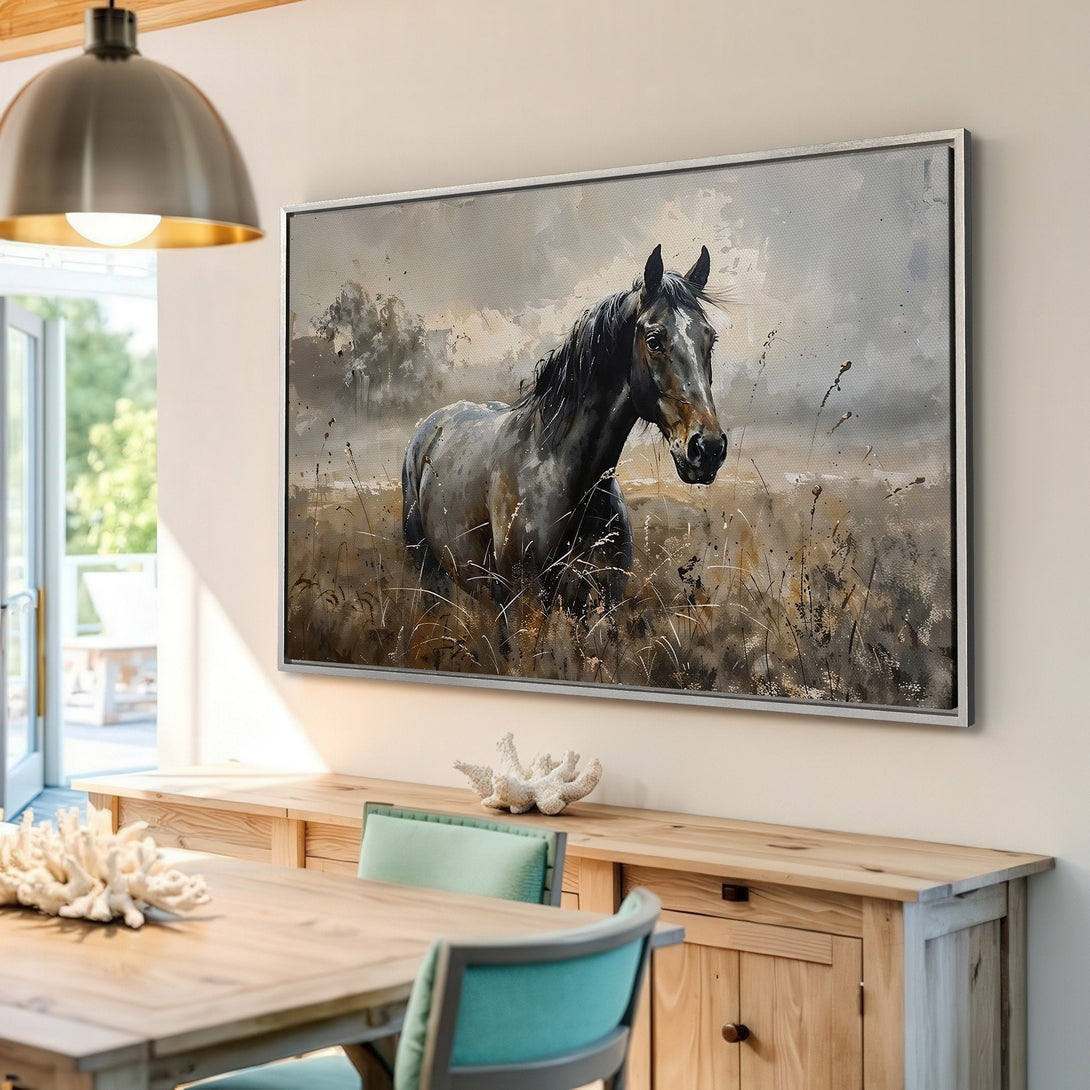 Framed Wall Art featuring a majestic horse in a watercolor style. Neutral color palette with brown, gray, and beige tones, perfect for any interior.