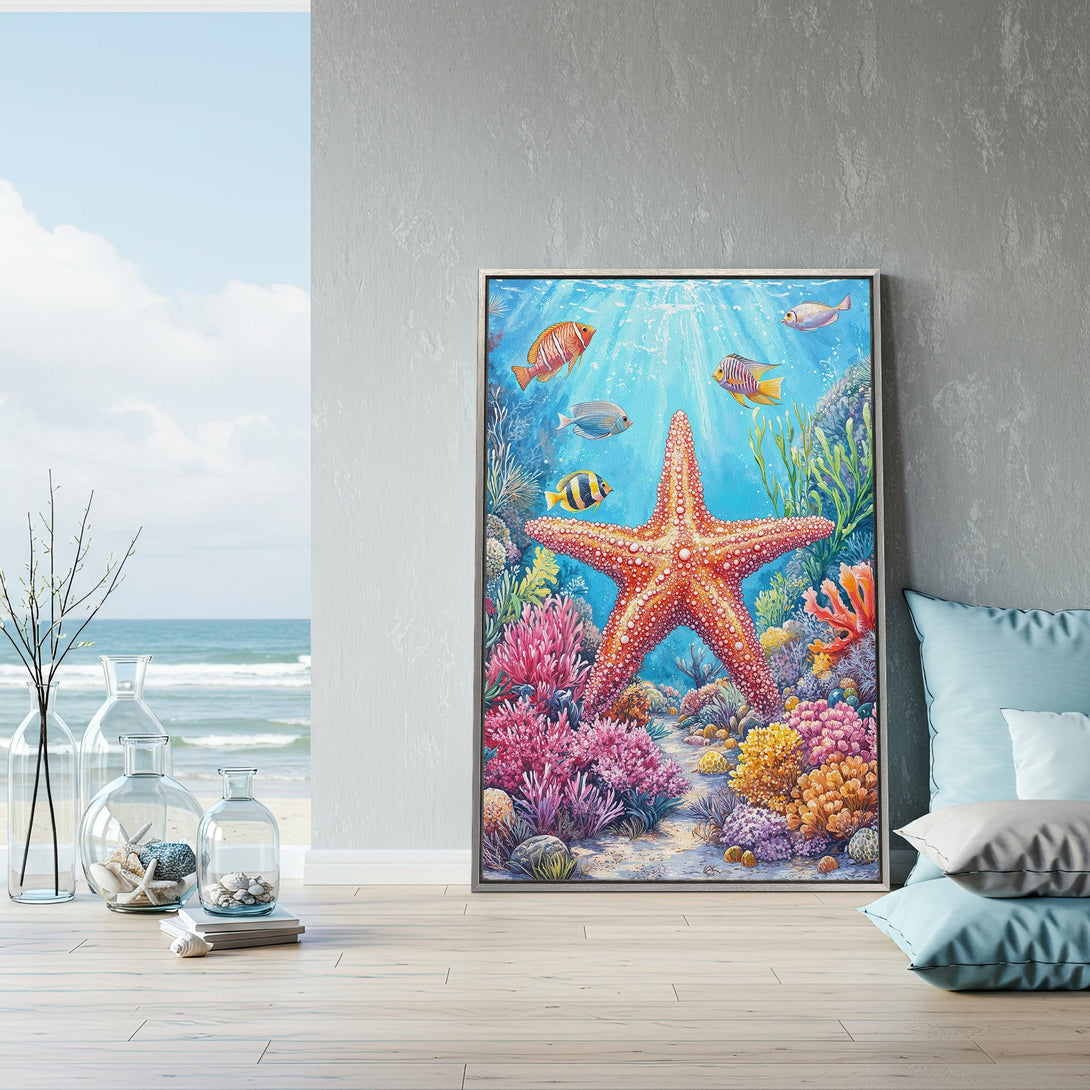 Framed Wall Art featuring a vibrant underwater scene with starfish and colorful fish. Coastal-inspired art with a bright blue, coral, and yellow palette.