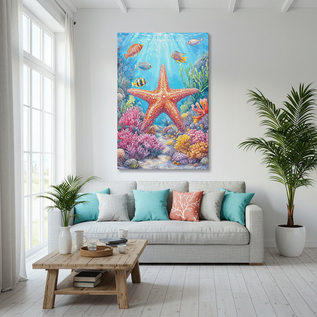 Framed Wall Art: Colorful underwater scene with starfish and fish. Coastal decor in blue, pink, and coral tones. Perfect for a beach house vibe.