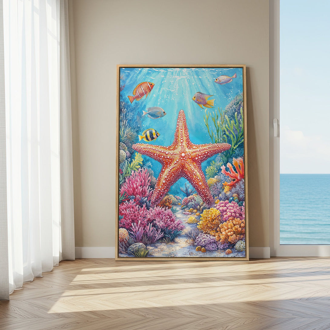 Framed Wall Art featuring a vibrant underwater scene with a starfish, colorful fish, and coral reef. Beautiful blue, pink, and yellow palette. Bring the ocean home!