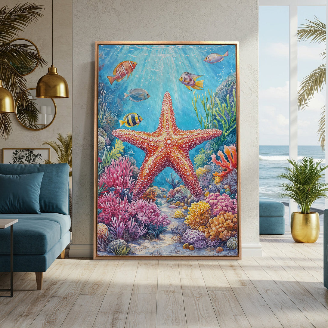 Framed Wall Art: Vibrant underwater scene with starfish and colorful coral. Coastal decor in blue, pink, and orange hues. Perfect for adding a touch of the ocean to your home!