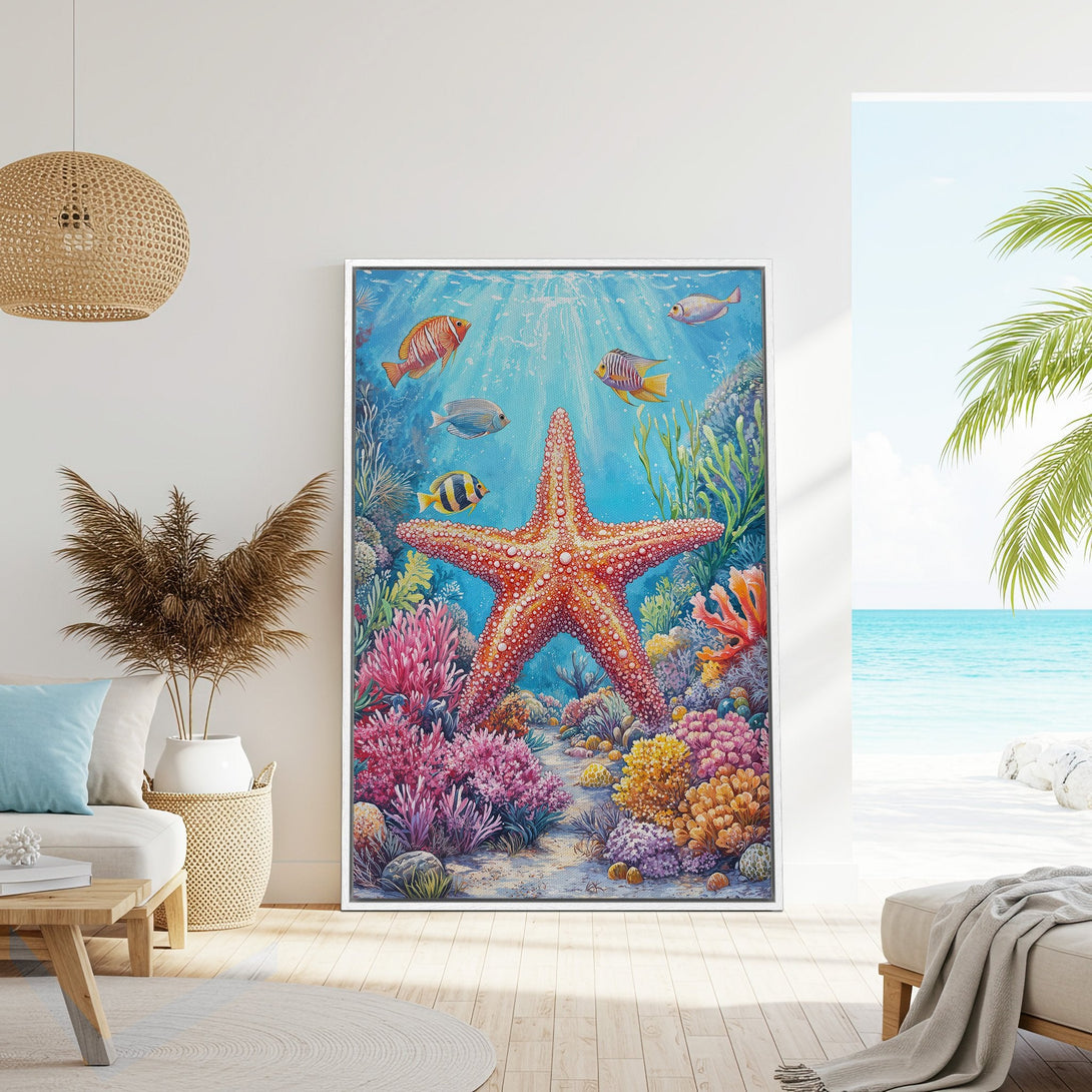 Framed Wall Art: Vibrant starfish and colorful coral reef scene. Coastal style art with a blue, orange, and pink color palette. Perfect beach house decor!