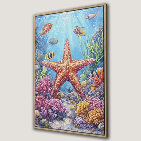 Framed Wall Art: Watercolor painting of a vibrant coral reef with a starfish and colorful fish. Blue, orange, pink, and yellow hues create a stunning underwater scene.
