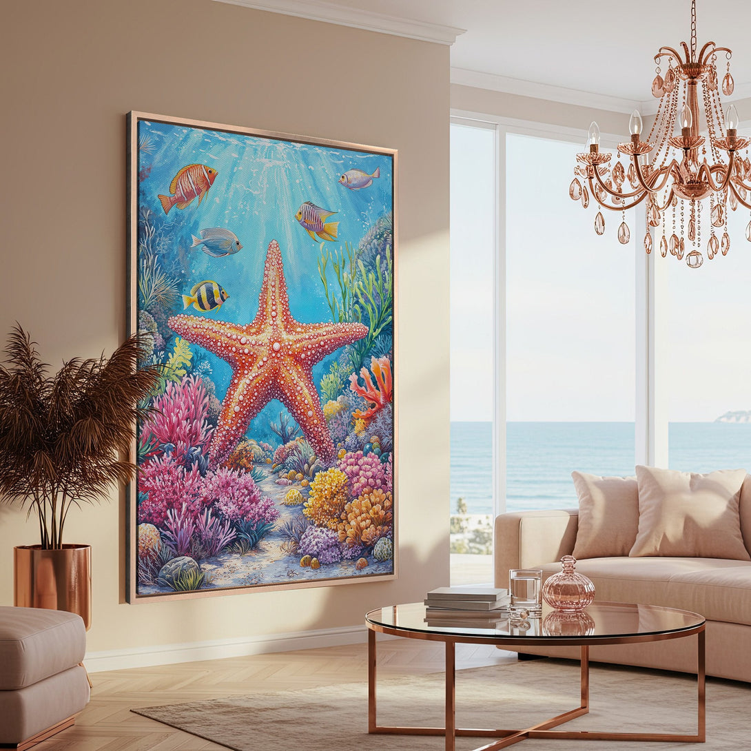 Framed Wall Art featuring a vibrant coral reef scene with a starfish. Colorful, painterly style with blue, pink, and orange hues. Perfect coastal decor.
