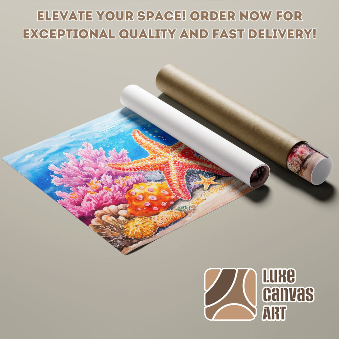 Poster Roll featuring a vibrant watercolor coral reef scene, perfect for coastal decor. Blue, pink, and orange palette.