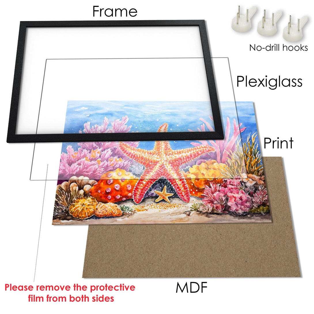 Framed Poster featuring a vibrant watercolor coral reef scene. Beautiful blues, pinks, and oranges. Perfect wall art!
