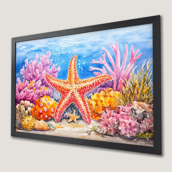 Framed Poster featuring a vibrant watercolor coral reef scene with starfish. Beautiful blues, pinks, and oranges create a stunning underwater artwork.