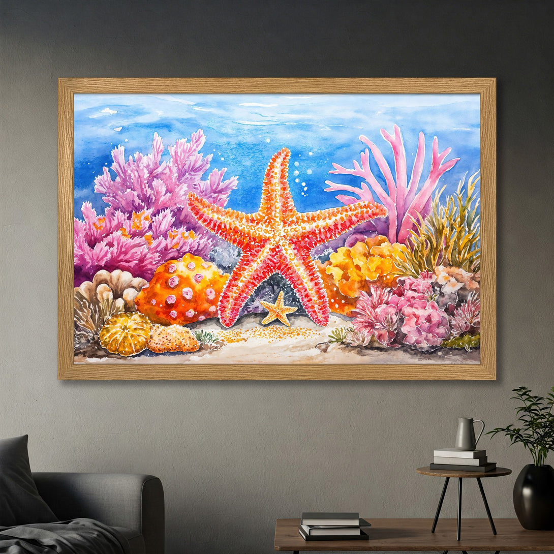 Framed Poster featuring a vibrant watercolor illustration of a starfish and coral reef in shades of blue, pink, and orange.