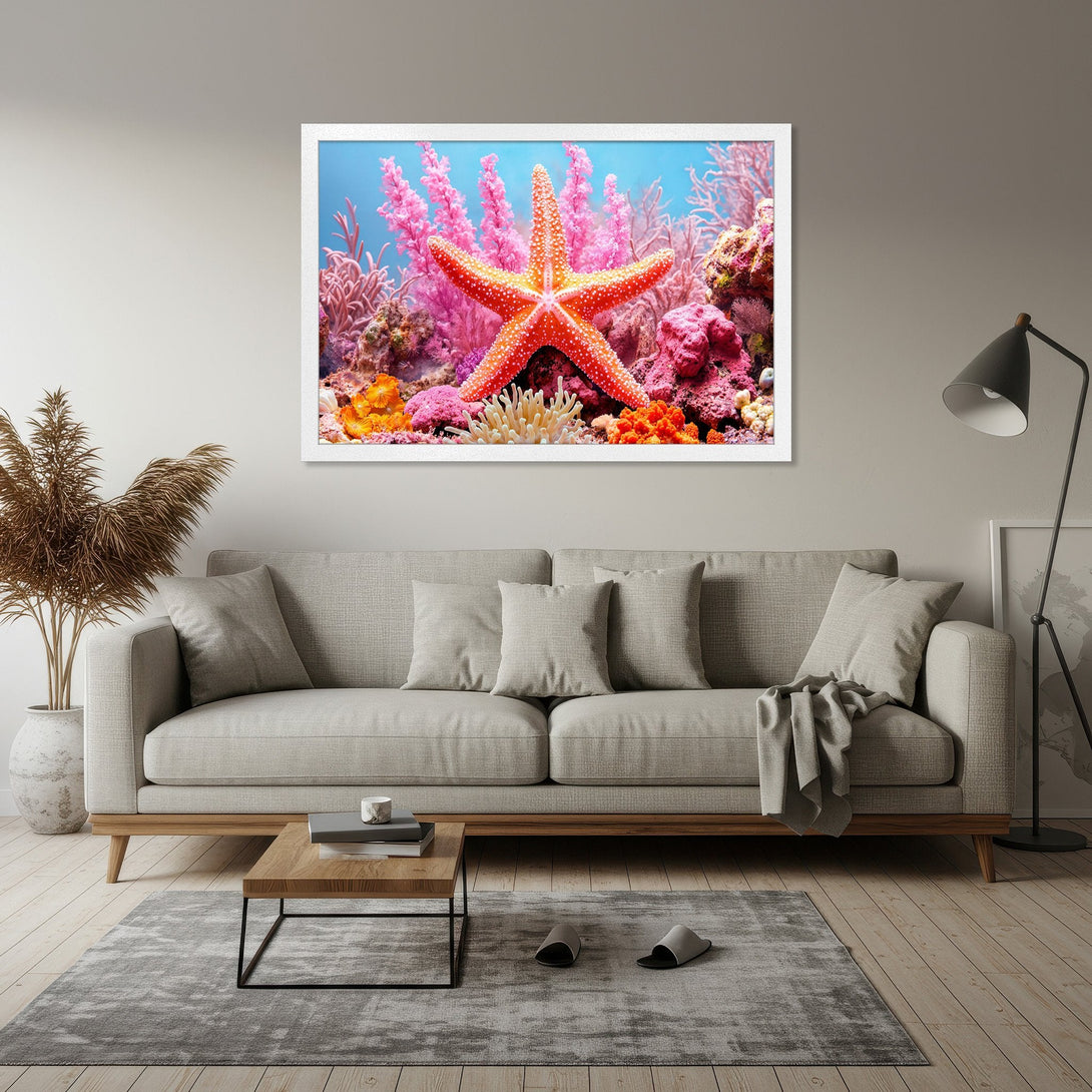 Framed Poster featuring a vibrant starfish and coral reef scene. Coastal decor with pink, orange, and blue hues. Perfect for adding a splash of color to your home!