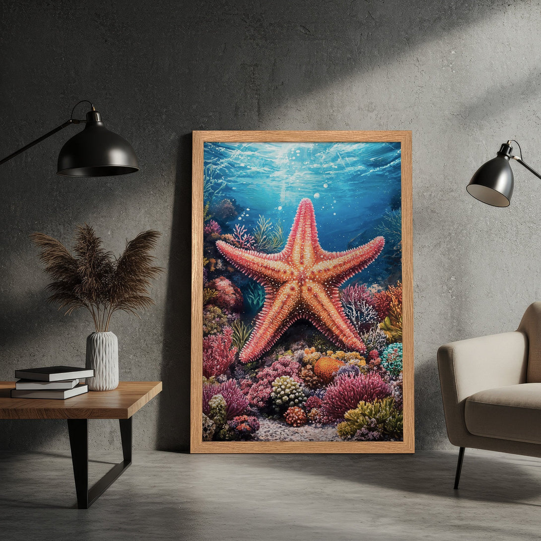 Framed Poster featuring a vibrant underwater scene with a starfish and coral reef. Artistic style, colorful palette of blues, pinks, and oranges.