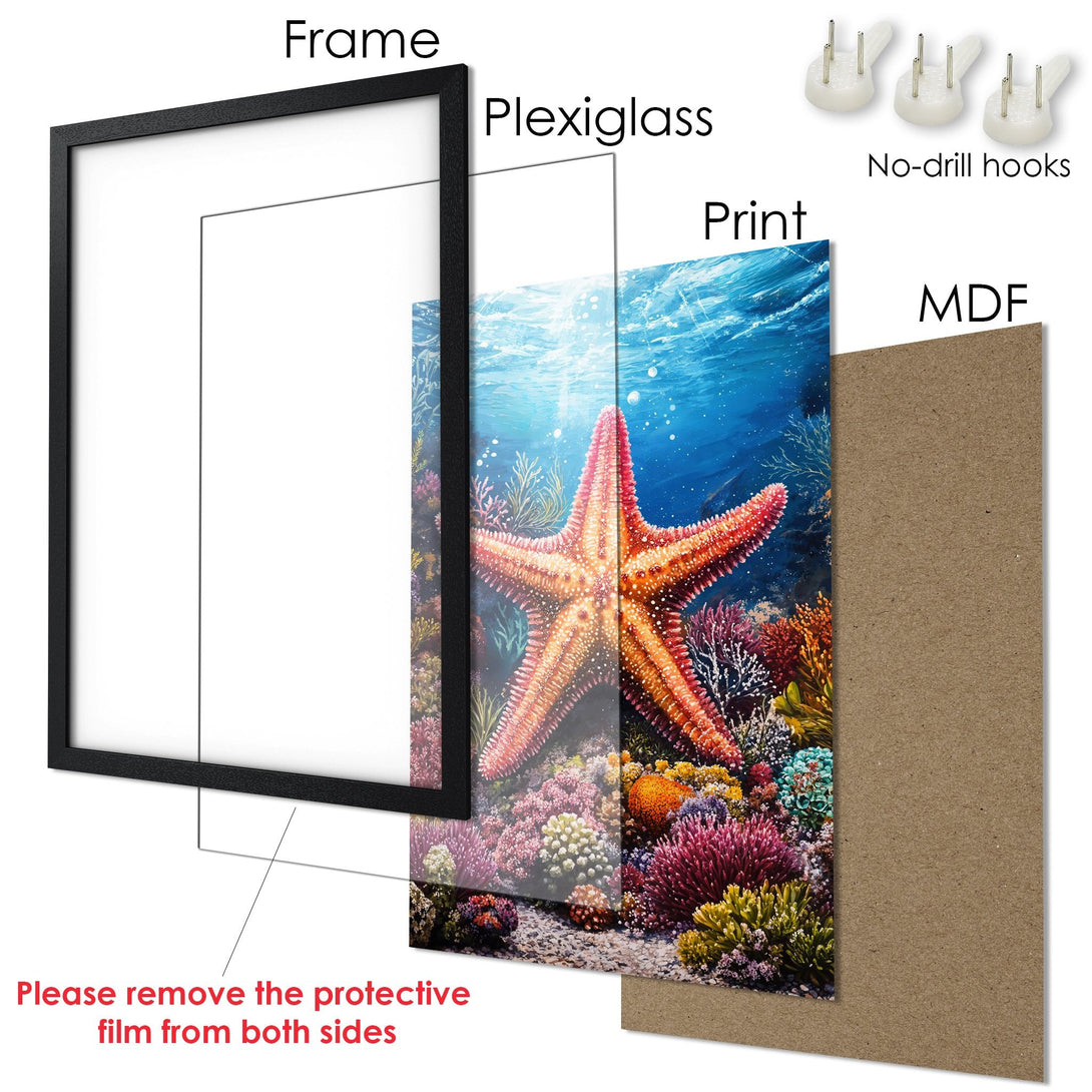Framed Poster featuring a vibrant underwater scene with a starfish, colorful coral, and a blue and orange palette.