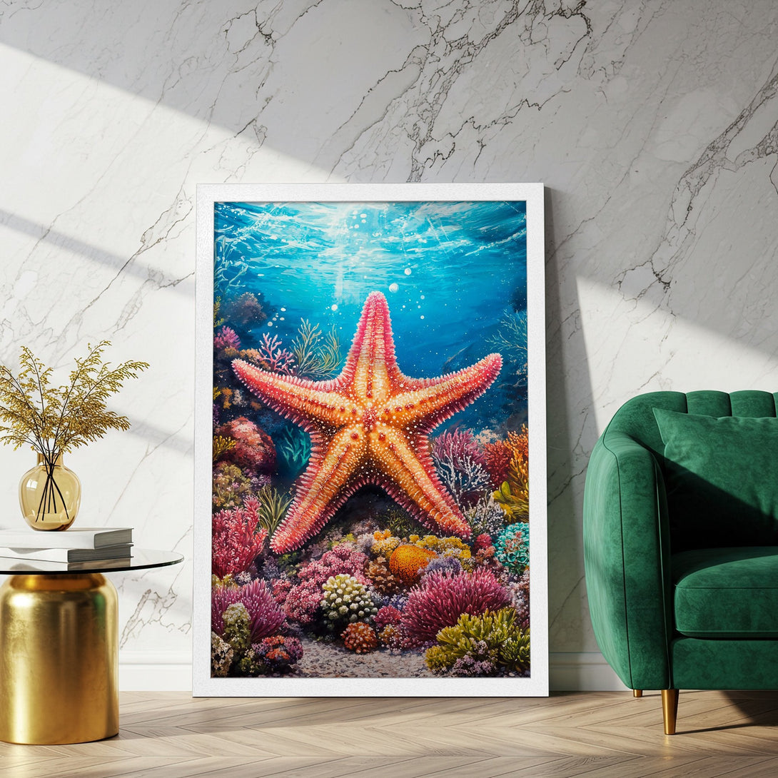 Framed Poster featuring a vibrant starfish in an underwater scene. Artistic style, colorful palette of blues, reds, and greens. Perfect wall art.