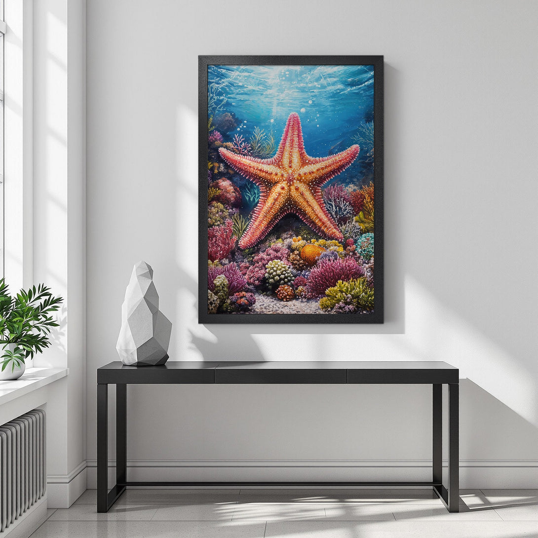 Framed Poster of a vibrant starfish underwater scene. Coastal art with a colorful palette of blues, corals, and greens. Perfect home decor.