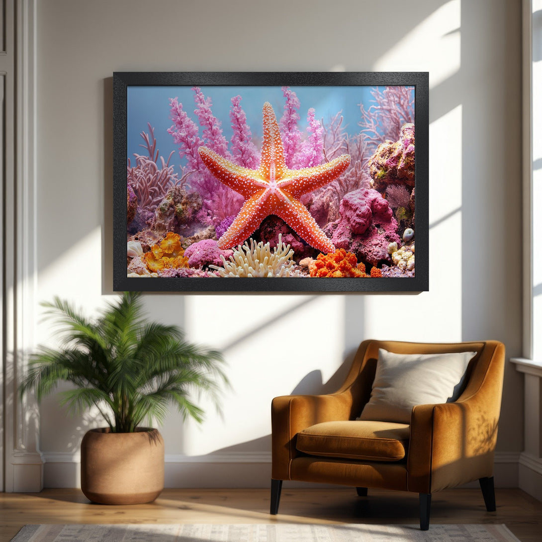 Framed Poster of a vibrant starfish in a coral reef. Coastal style art with a warm, colorful palette. Perfect home decor.