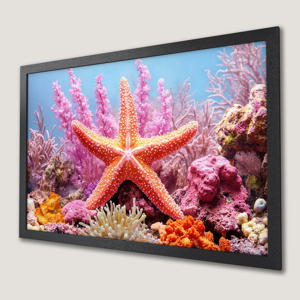 Framed Poster of a vibrant underwater scene with starfish, coral, and a colorful palette. Bring the ocean to your home!