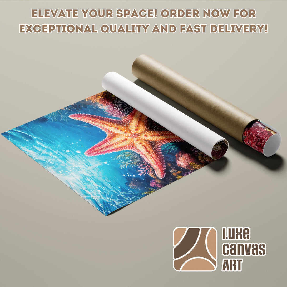 Poster Roll featuring a vibrant starfish art print, blue & coral color palette. Elevate your space!