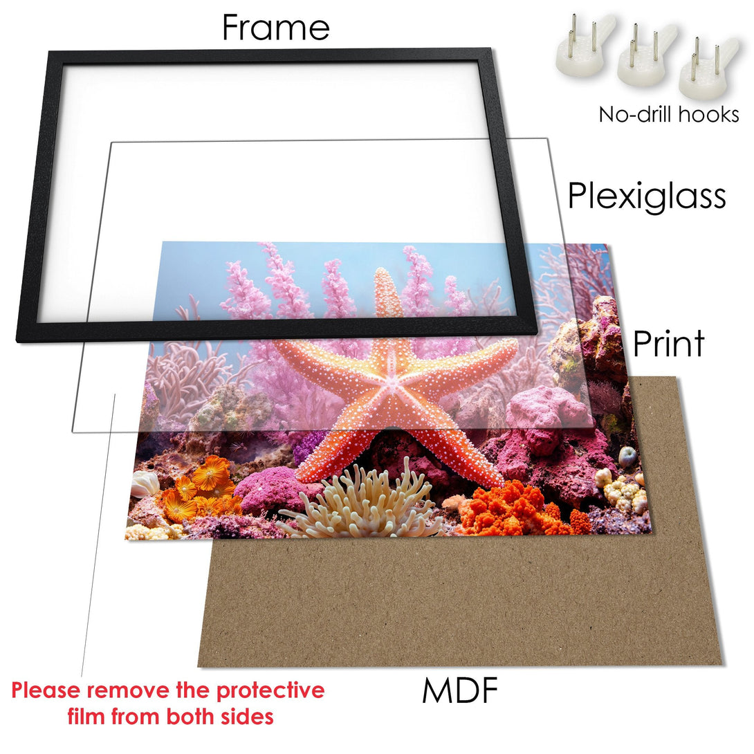 Framed Poster featuring a vibrant coral reef scene. Colorful underwater art with a starfish, in a black frame. Perfect ocean decor!