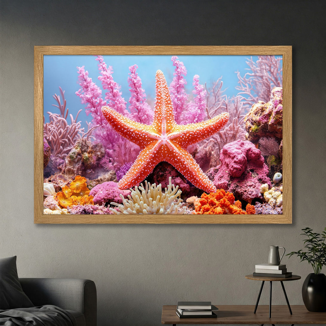 Framed Poster featuring a vibrant coral reef scene with a starfish. Stunning artwork in pink, orange, and blue hues. Perfect wall decor.